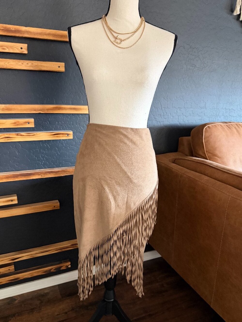 Asymmetrical Suede Skirt with Fringe